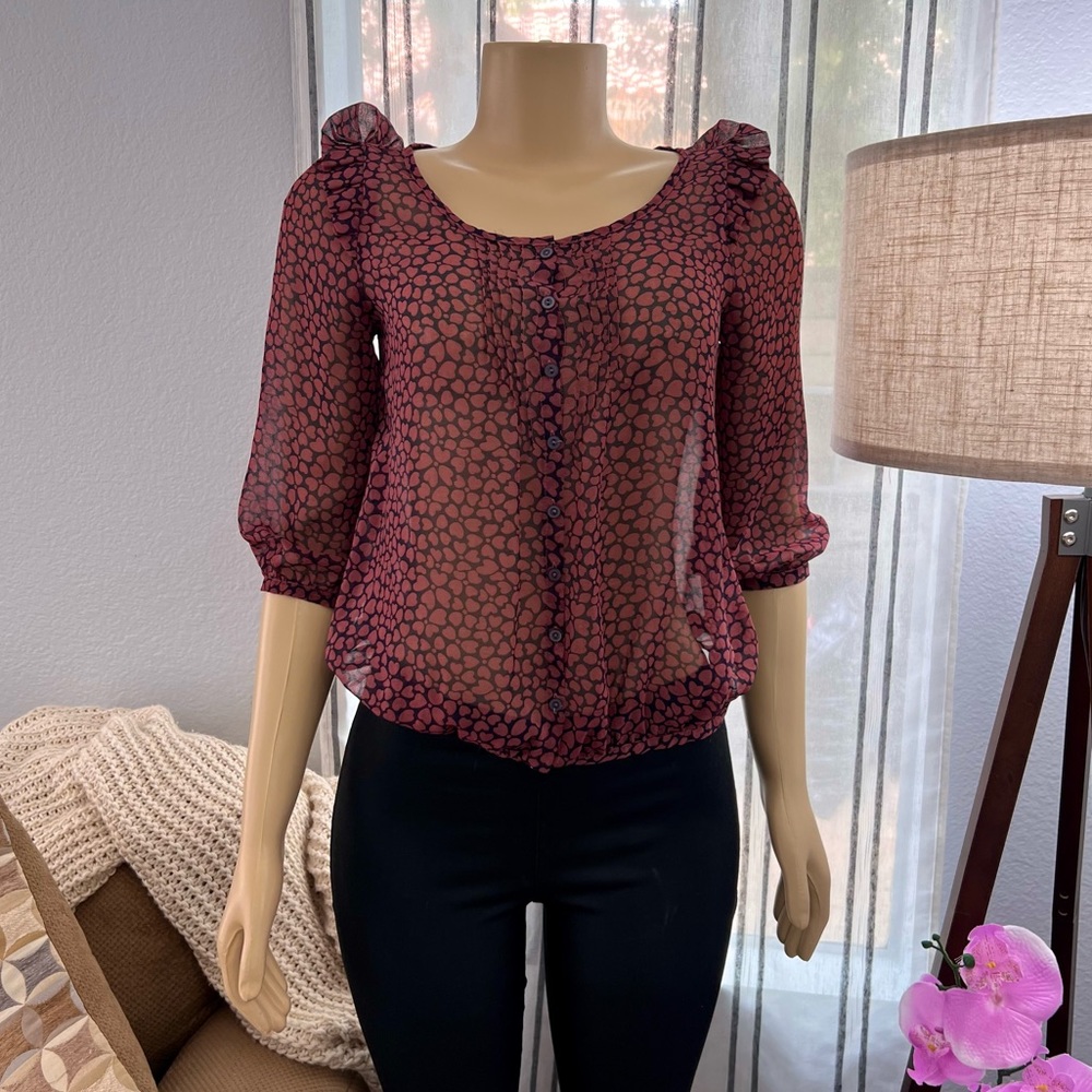 Anthropologie Pins And Needles Heart Print Sheer Peasant Blouse Size XS X-Small